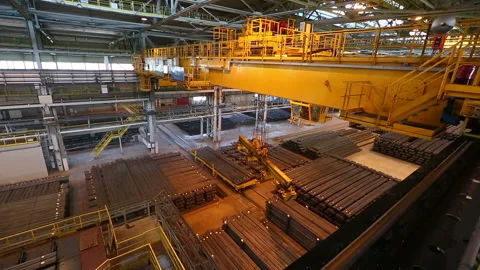 Top view from the cabin of a crane beam on the shop of a metallurgical plant Stock-Footage 146590513