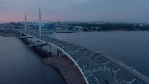 Top view on cable-stayed bridge near the stadium Stock Footage 120307793