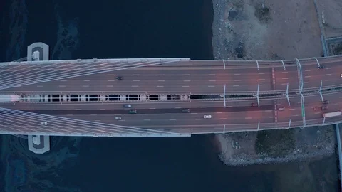 Top view on cable-stayed bridge where cars pass Stock Footage 120332725