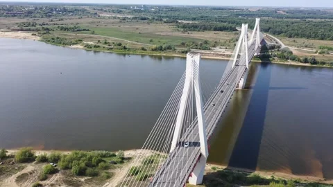 Top view of the cable-stayed Murom bridge over the Oka river. Russia Stock Footage 244148472