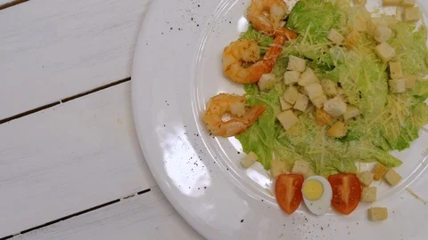 Top view of Caesar salad with shrimps Stock Footage 104057609