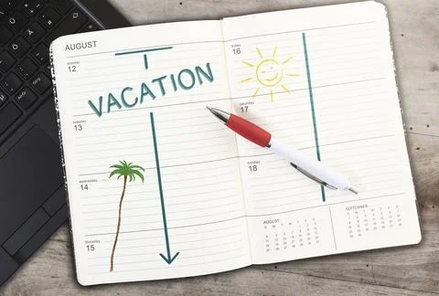 Top view of calendar on table with word VACATION and sun icon against wooden Stock Illustration