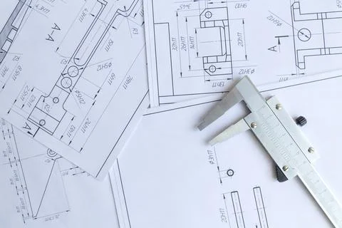 Top view of a caliper measuring tool, ruler and detail drawings.Engineering d Stock Photos