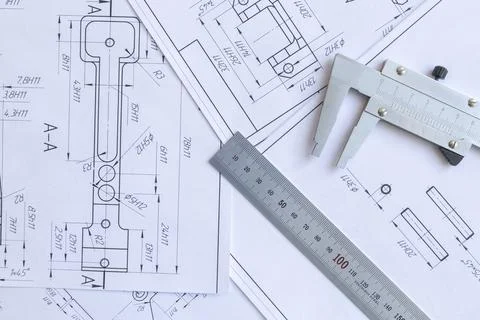Top view of a caliper measuring tool, ruler and detail drawings.Engineering d Foto stock