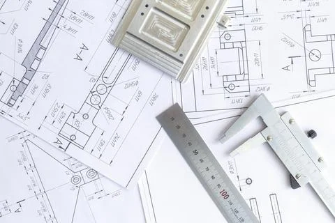 Top view of a caliper measuring tool, ruler and detail drawings.Engineering d Stock Photos
