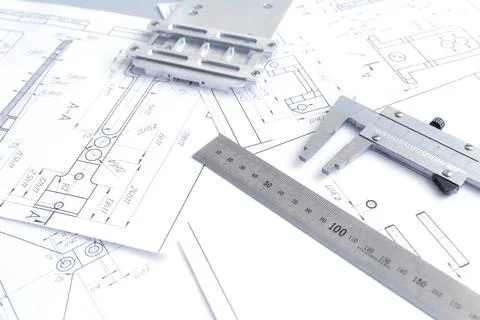 Top view of a caliper measuring tool, ruler and detail drawings.Engineering d Stock Photos