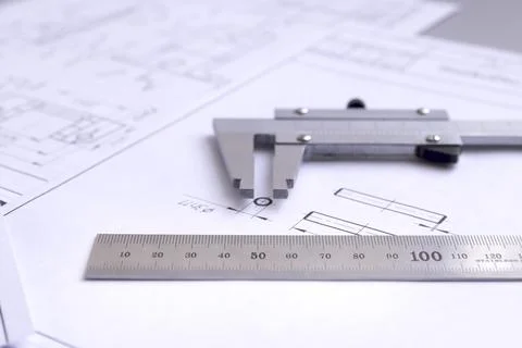 Top view of a caliper measuring tool, ruler and detail drawings.Engineering d Stock Photos