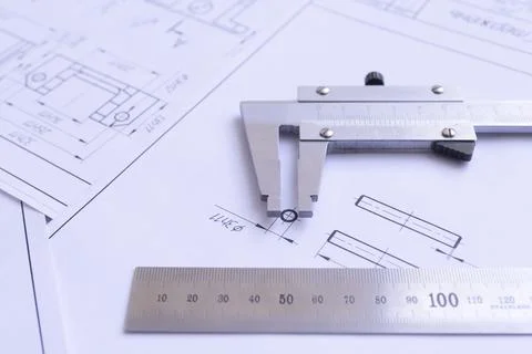 Top view of a caliper measuring tool, ruler and detail drawings.Engineering d Stock Photos
