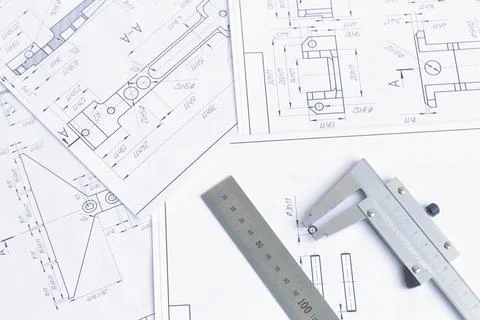 Top view of a caliper measuring tool, ruler and detail drawings.Engineering d Stock Photos