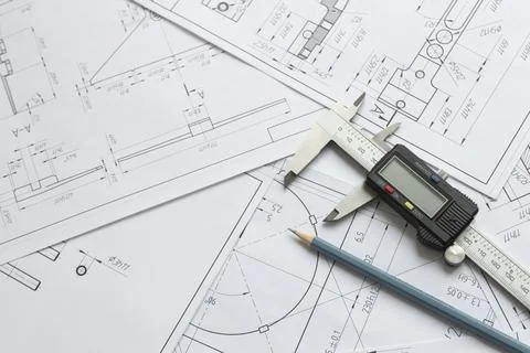 Top view of a caliper measuring tool, pencil and detail drawings.Engineering  Stock Photos