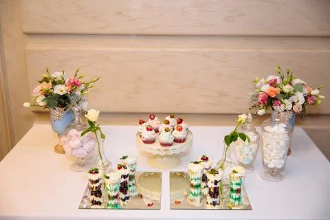 Top view of candy bar, a table with sweets and desserts on the table. Buffet Stock Photos
