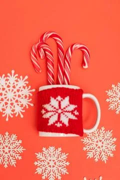 Top view candy canes snowflakes Stock Photos