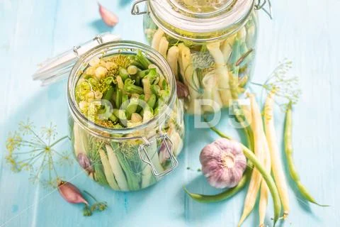 Top view of canned yellow and green beans Stock Photos