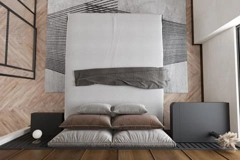 Top View Captured From Smart Bed Room, Comfy and Classic Bed, Conner Table,.. Stock Photos