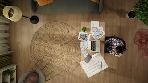 Top view capturing a woman working in her home office, getting a phone call Stock Footage 260053590