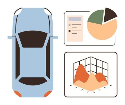 Top view of car with data charts representing analysis and performance metrics イラスト素材