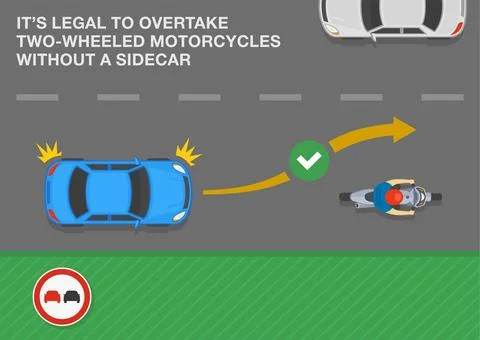 Top view of car driver aims to pass the biker. Overtaking tips and rules. Stock Illustration