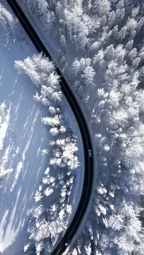 Top view of a car driving through a breathtaking snowy forest in the mountains. Stock Footage 251321623