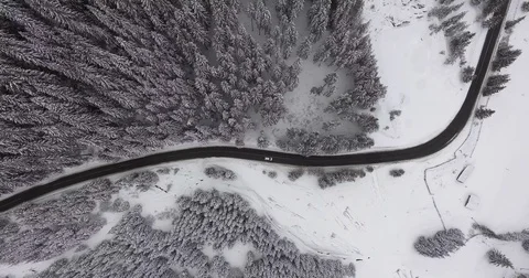 Top View Of Car On A Road In Winter Forest Stock-Footage 84999340
