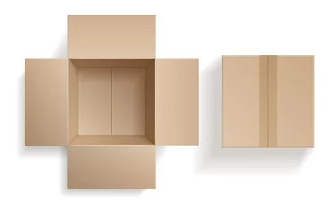 Top view cardboard box. Closed and open beige boxes inside and top view, brown Illustrazione stock
