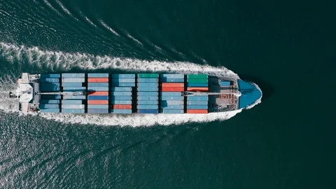 Top view of a cargo ship loaded with containers moving on water. Port Miami. Stockbeeldmateriaal 117147709
