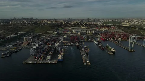 Top view of the cargo ship port Stock Footage 148427272