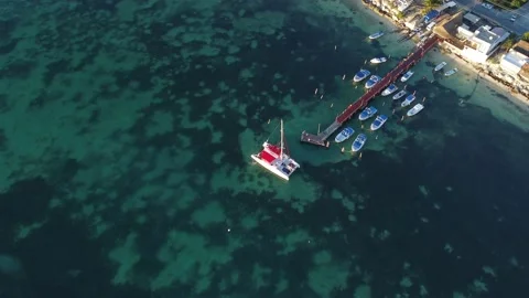 Top View of Catamaran Boat Approaching Pier in Carribean, 4K, Drone Stock Footage 171087246
