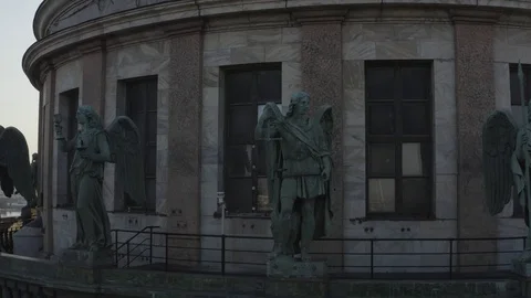 Top view of the cathedral on which are sculptures of angels Stock Footage 124313858