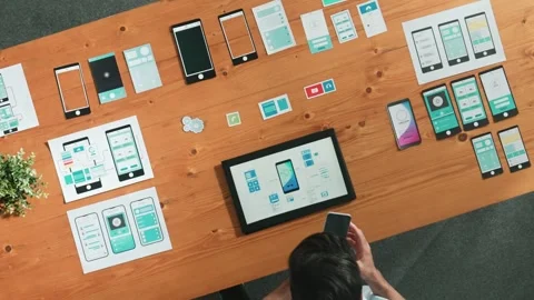 Top view of caucasian software developer looking at develop plan. Convocation. Stock Footage 271222867