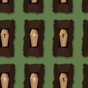 Top view of cemetery. seamless pattern coffins. Vector illustration of burial Stock Illustration