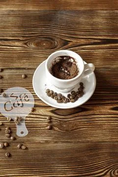 Top view of ceramic cup of hot cappuccino coffee latte with drawing picture.. Stock Photos