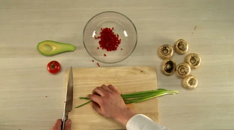 Top view of chef finely cuts red bell pepper Video stock 68004453