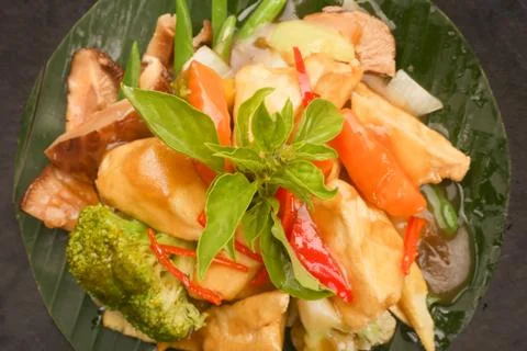 Top view of chicken and vegetable in sweet sour sauce Stock Photos