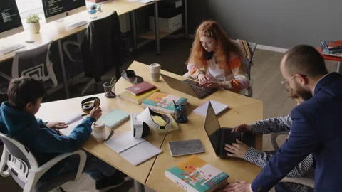 Top View of Children with Laptops Working on IT Projects at Coding School Video stock 278129009