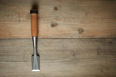 Top view, chisel on a wooden workbench Stock Photos