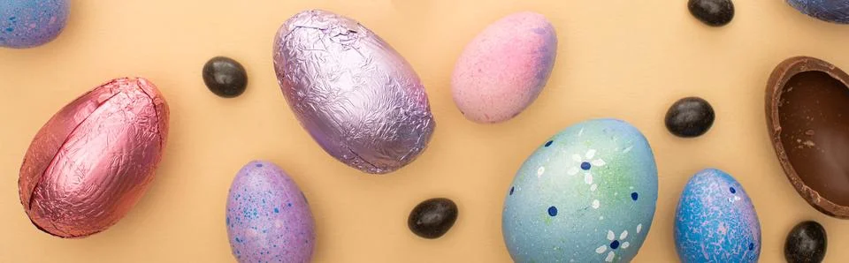 Top view chocolate easter eggs Stock Photos