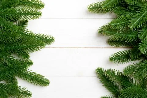 Top view of Christmas background made of fir tree branches. New year concep.. Stock Photos
