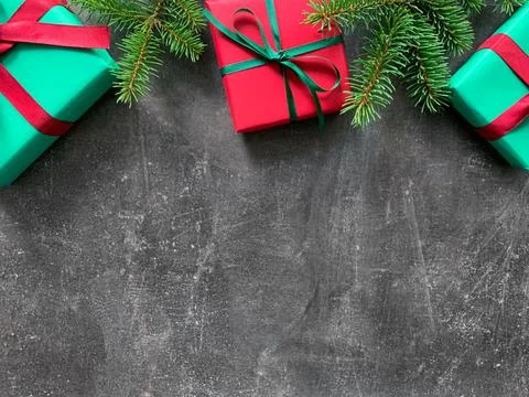 Top view Christmas composition with copy space. Red and green Christmas presents Stock Photos
