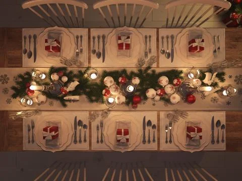 Top view of a christmas decorated table by night. 3d rendering Illustrazione stock