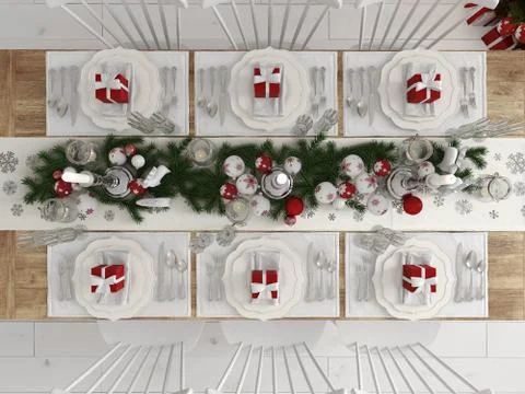 Top view of a christmas decorated table by day. 3d rendering Stock Illustration