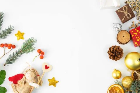 Top view christmas flat lay on white background. new year 2021. golden and green Stock Photos