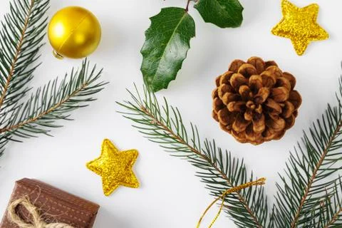 Top view christmas flat lay on white background. new year 2021. golden and green Stock Photos