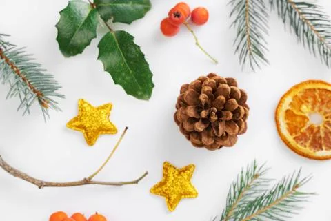 Top view christmas flat lay on white background. new year 2021. golden and green Stock Photos