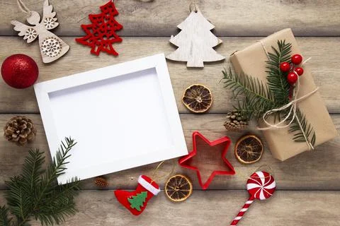 Top view christmas frame mock up. High quality and resolution beautiful photo Stock Photos
