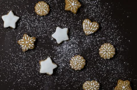 Top view Christmas layout with gingerbread cookies, on a dark background Stock Photos