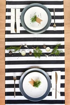 Top view of christmas table setting for two. Stock Photos