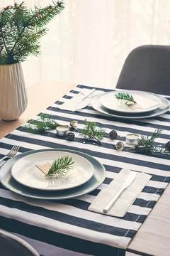 Top view of christmas table setting for two. Stock Photos