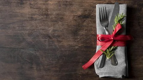 Top view christmas tableware arrangement with copy space. High quality and .. Stock Photos
