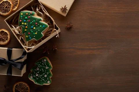 Top view christmas tree cookie Stock Photos