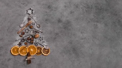 Top view christmas tree shape made dried citrus kitchen utensils. High quality Stock Photos